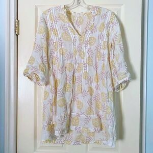 CP Shades Regina Tunic Blouse Linen 3/4 Long Sleeve size XS Pintuck Leaf Print